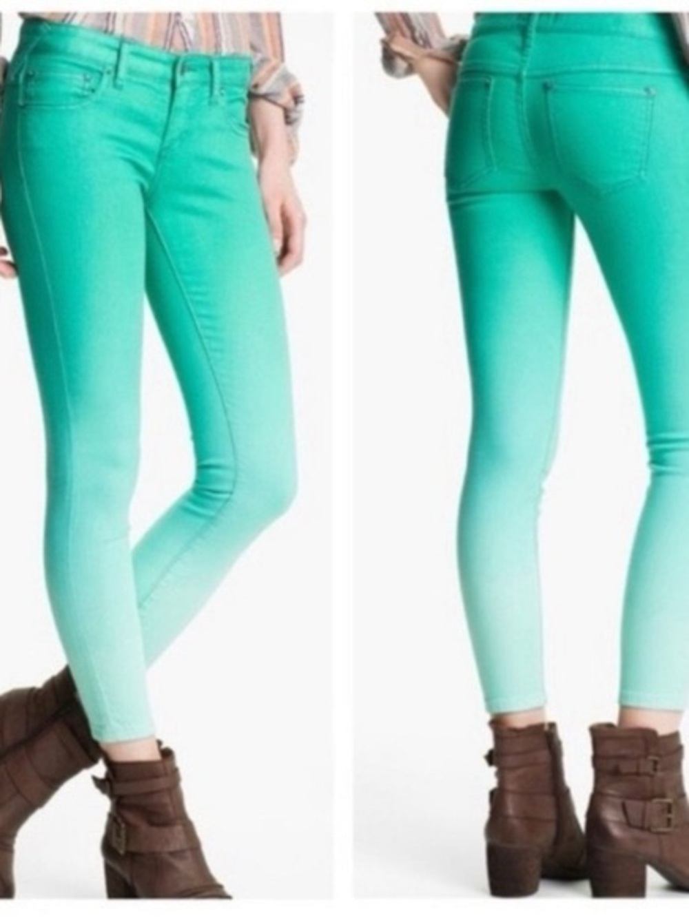 Free People Teal Ombre Dip Dye Jeans Boho Denim Pants Gradient Festival Y2K
